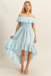 HYFVE High-Low Eyelet Ruffled Off-Shoulder Dress OutfitFlow
